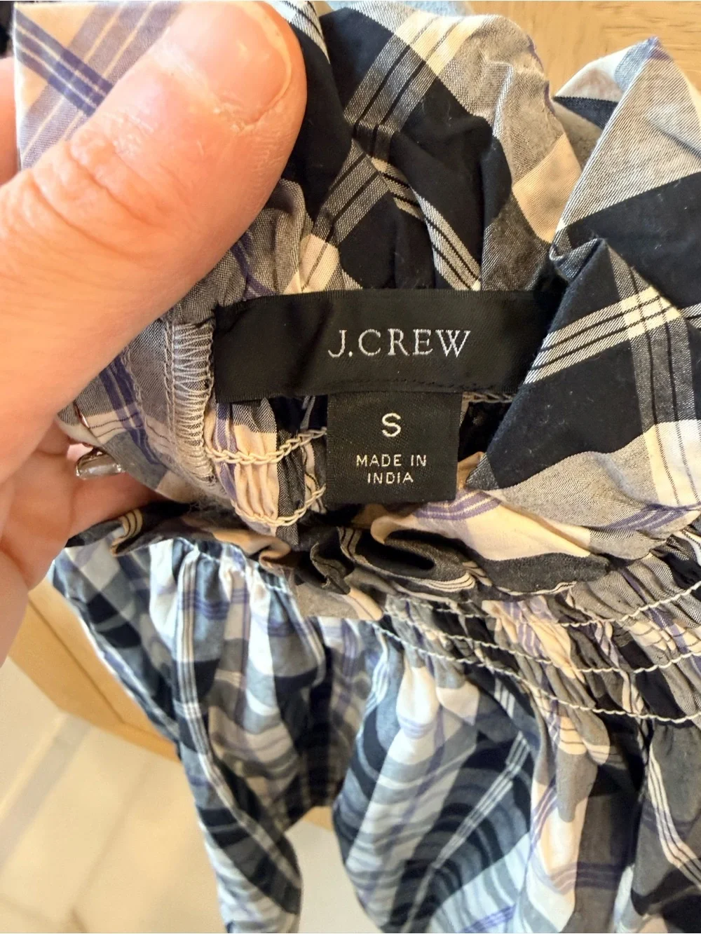 J. Crew Navy and White Plaid Smocked Neck Puff Sleeve Top